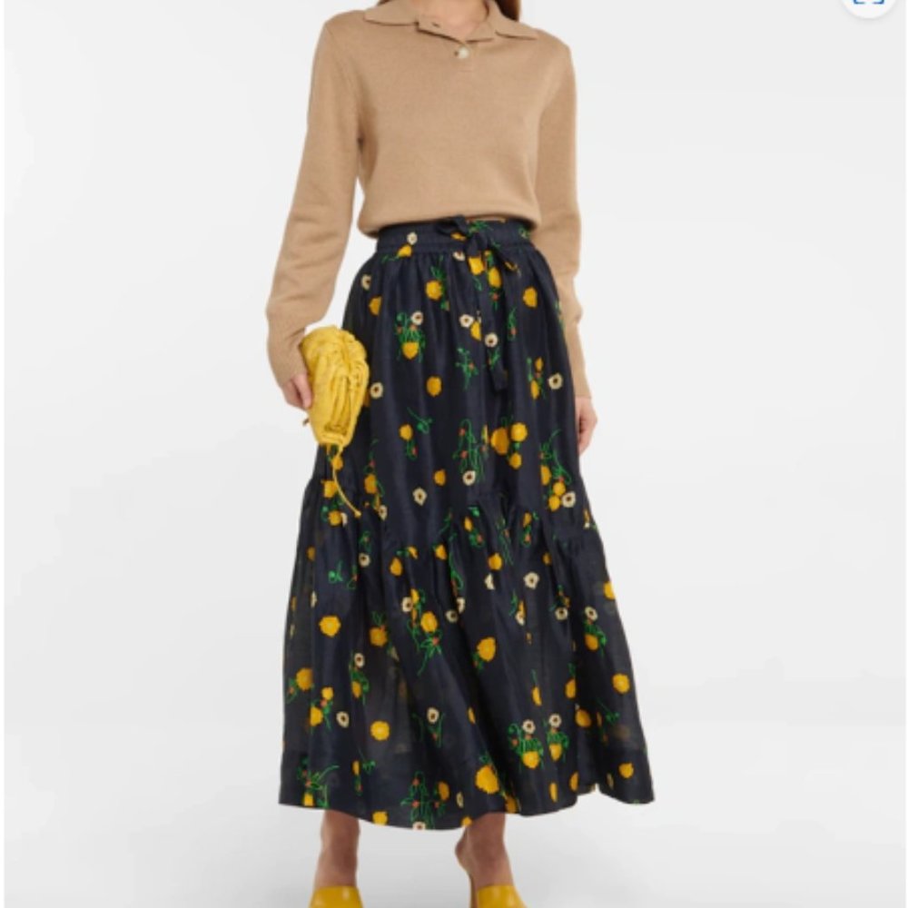Lee Mathews Black Floral Tiered Maxi Skirt with Yellow & Green Accents
